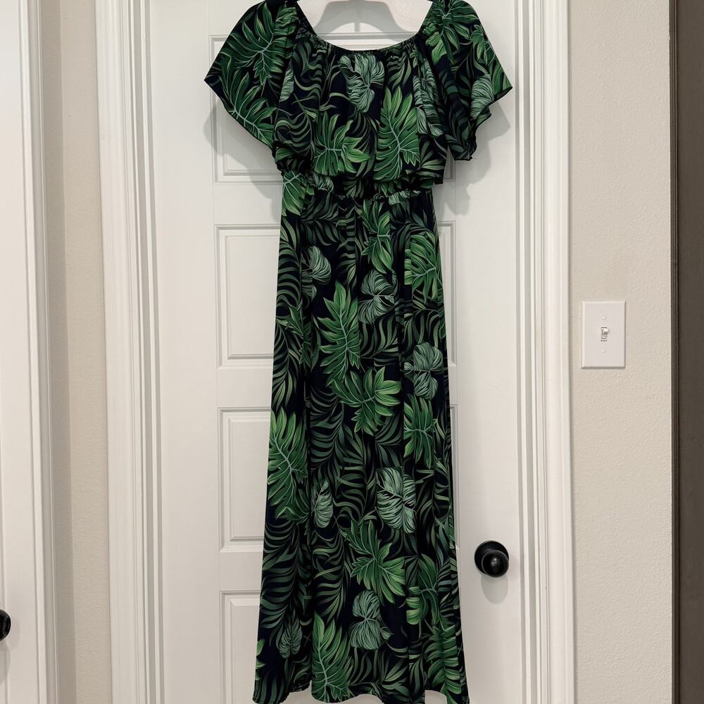 Cupshe Tropical Palm Off Shoulder Maxi Dress Black Green Ruffle